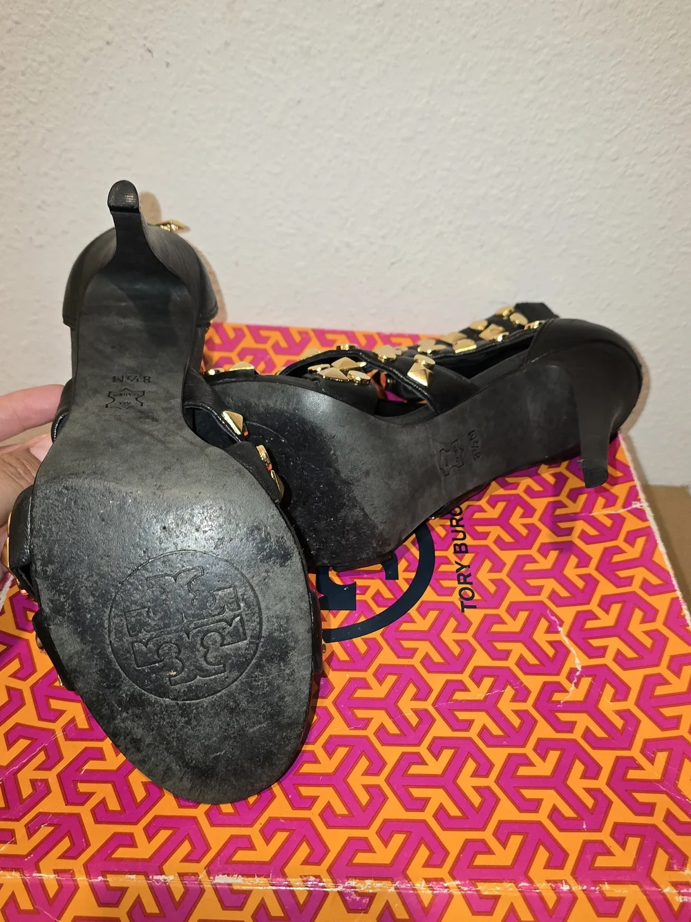 Tory Burch Black Leather Studded High Heel Sandals with Gold Accents